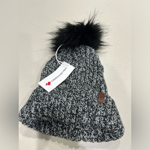 Obermeyer Women's Fir FF Beanie Black White Hat Pom Pom NWT - Picture 1 of 7